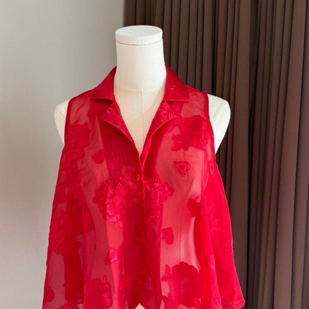LA Intimate Red Sheer Floral Heart Embroidered Blouse Sleeveless Button Up Small